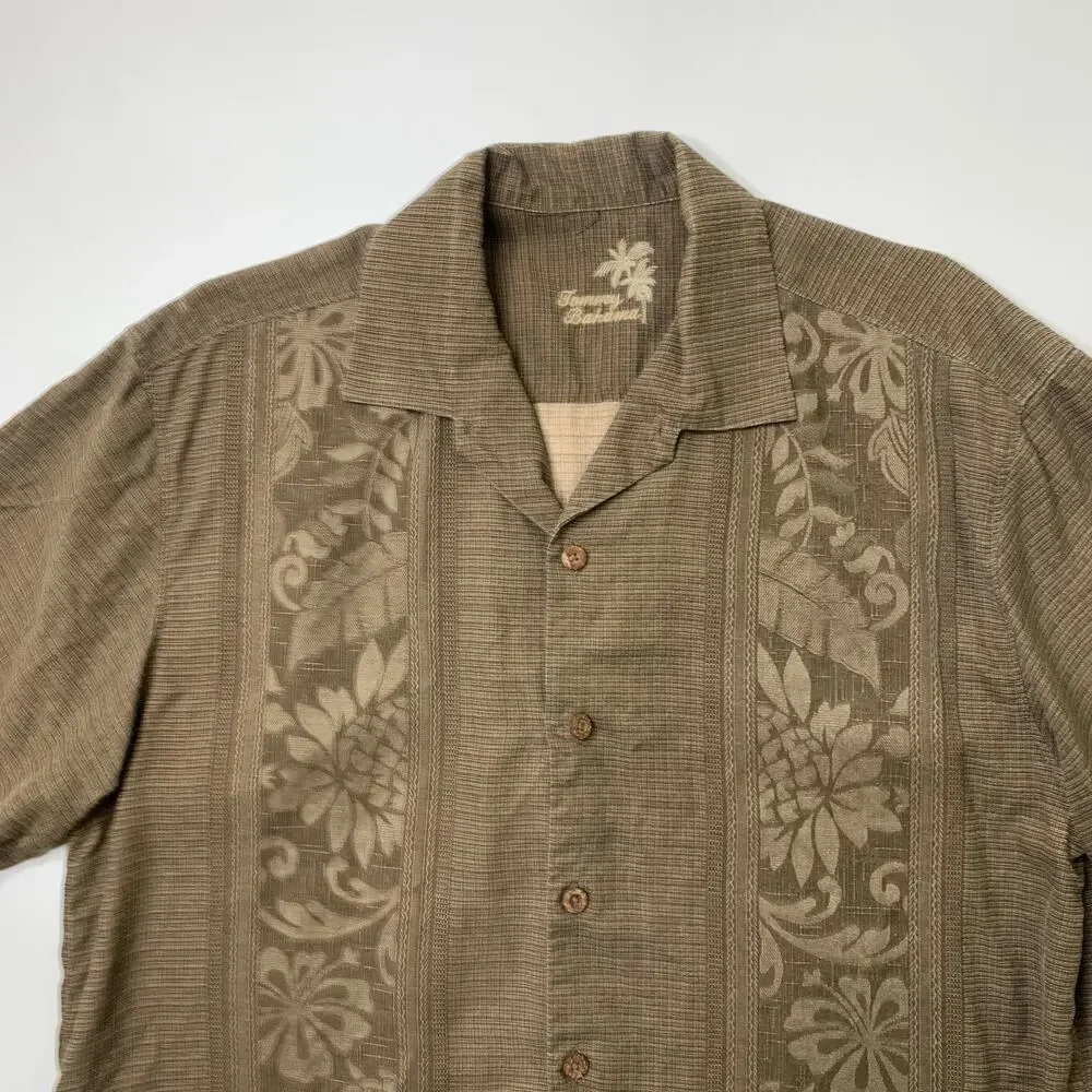 Tommy Bahama Shirt Mens L Large Otter Silk Maui Border Button Up Hawaiian Camp